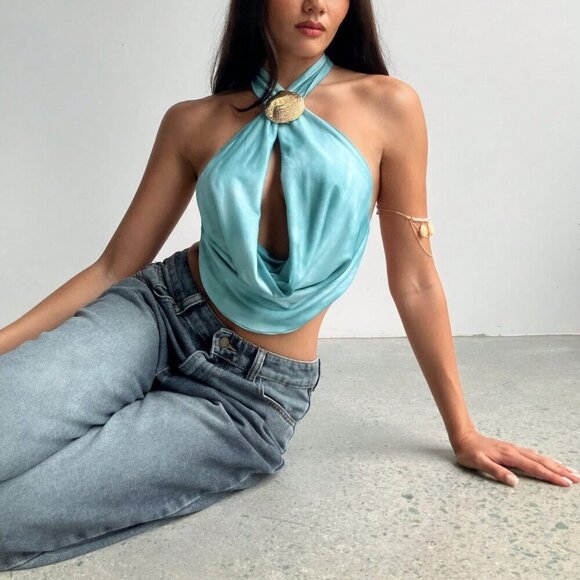 Multicolor Casual Women's Sexy Criss-Cross Wrap Draped Neck Hollow Out Cami Top - Picture 4 of 7